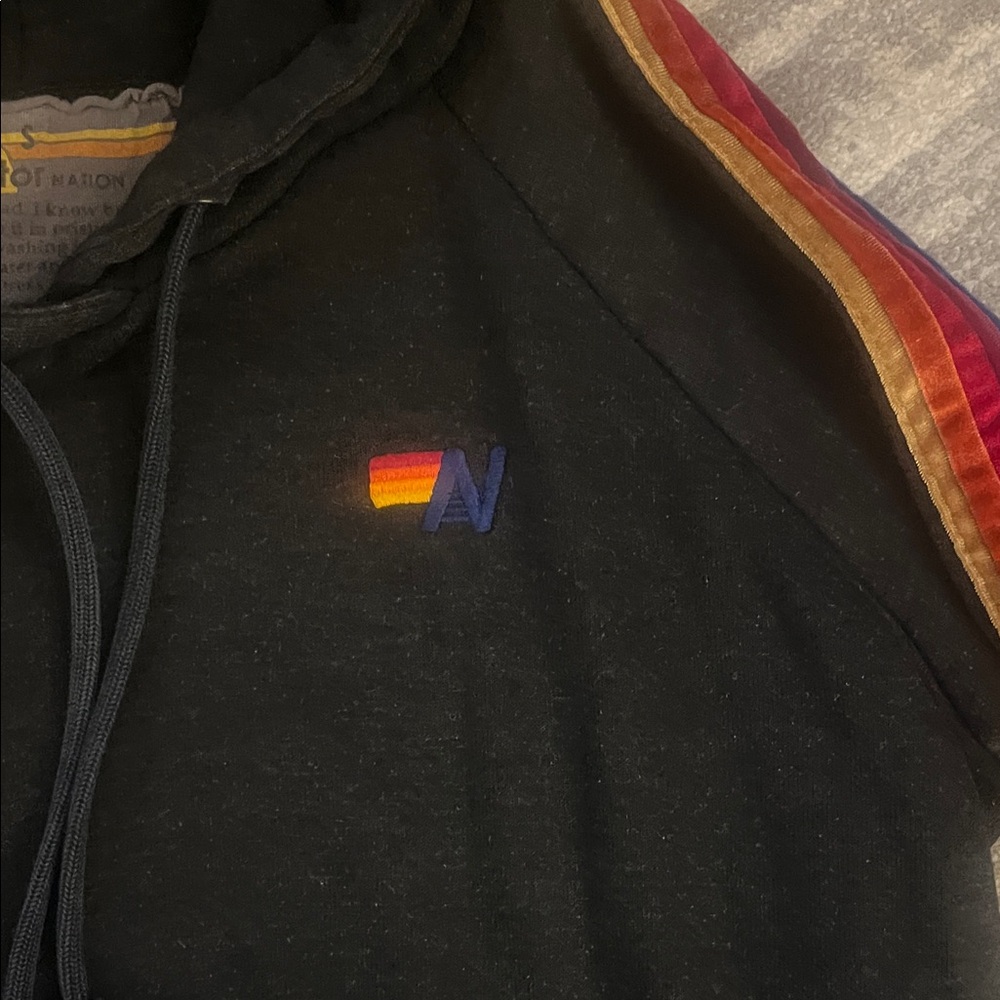 Aviator Nation Stylish Black Hoodie with Velvet Sleeve Stripes - Picture 2 of 4